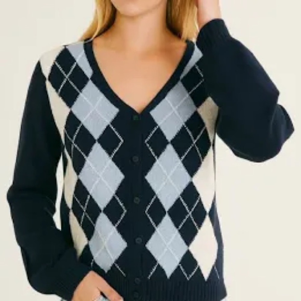 Brandy Melville Navy Cream Argyle V-Neck Sweater tennis prep cardigan one size